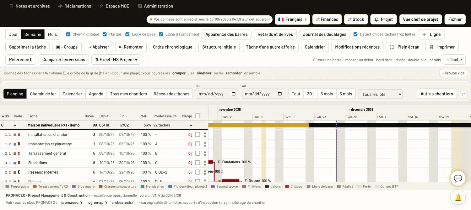 Planning Gantt PROMACEO : prédécesseurs, marges, liaisons et chemin critique